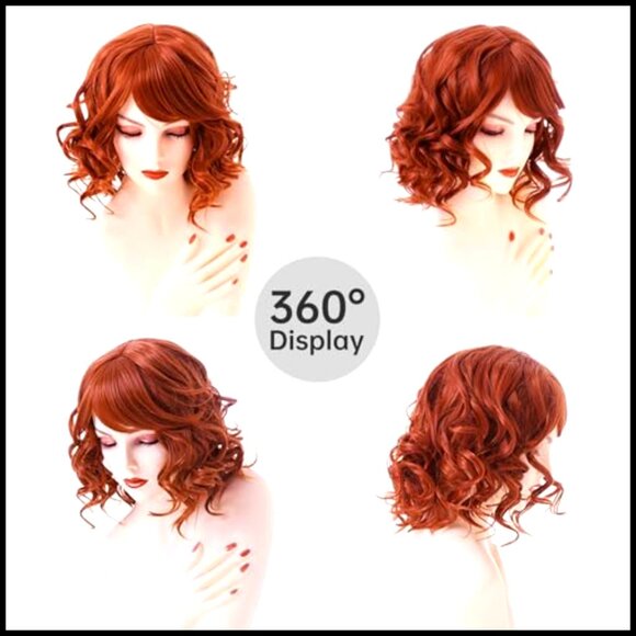 Short Curly Bob Wig with Bangs Synthetic Heat Resistant Adjustable Straps main image 5